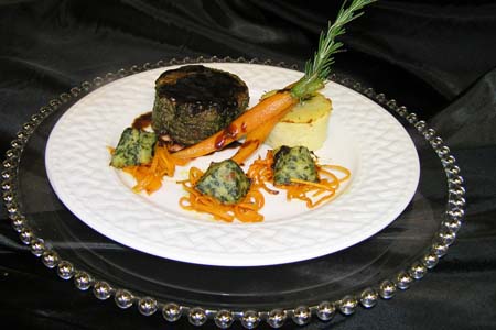 Filet Mignon with Jack Daniel Glaze, Parsnips Cake, Spinach Soufflé Pyramids and Steamed Baby Carrots
