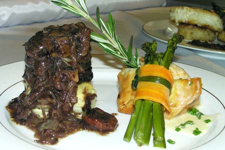 Dark Beer Veal Over Puree Aligotee, Salmon in Phyllo with Champagne Beurre Blanc and a Bundle of Asparagus