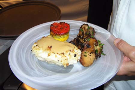 Horseradish Crusted Seabass with Miso Sauce, Napoleon of Grilled Vegetables and Sauteed Porcini