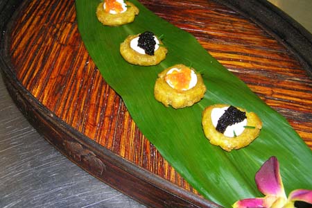Tostones with Crème Fraiche, Salmon Roe and Caviar