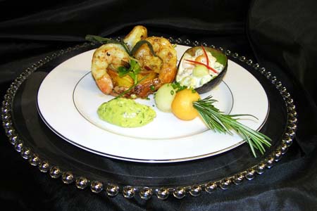 Shrimp Salad with Melon Salsa and Avocado Parfait