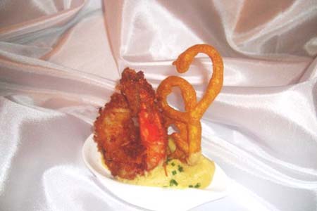 Coconut Shrimp Over Caribbean Root Mash and Curly Indian Bread